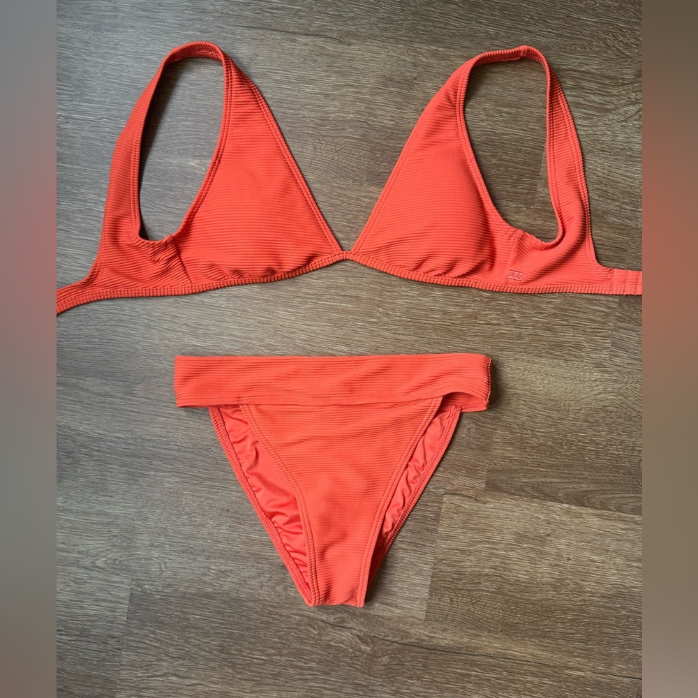 BILLABONG ORANGE RIBBED HIGH WAISTED TRIANGLE BIKINI MEDIUM